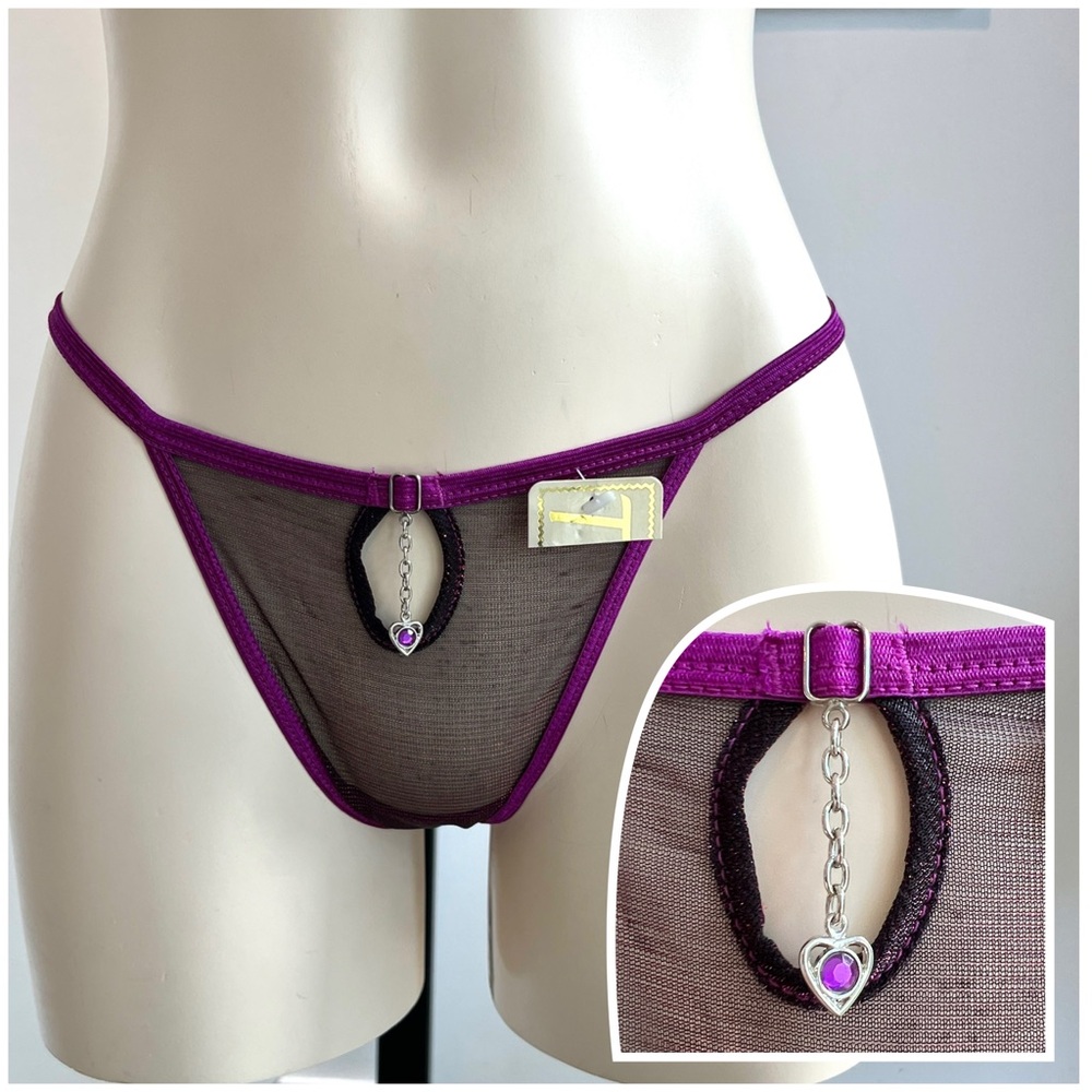 Sheer Mesh Keyhole Thong Panty with Jewel Accent - Purple
